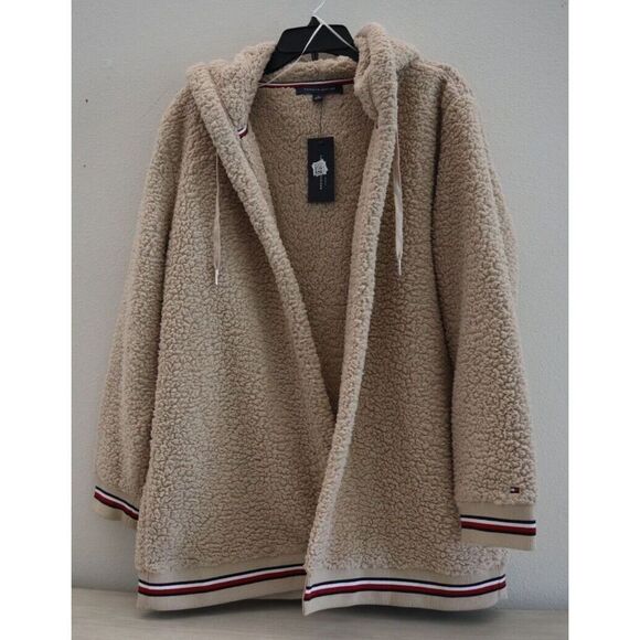 Tommy Hilfiger J2XE0410 Women Sz XL Beige Open-Front Hooded Sherpa/Fleece Jacket - Picture 1 of 9